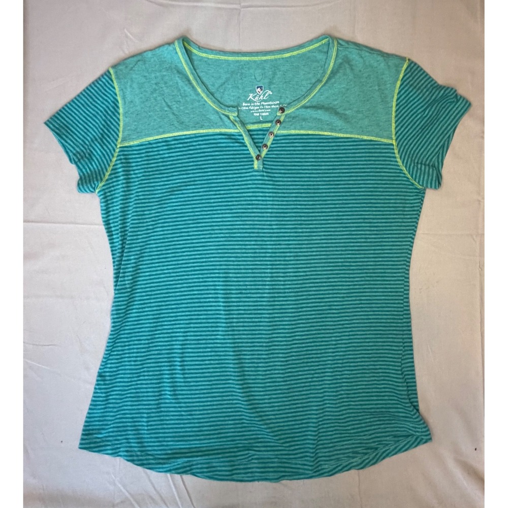 Kuhl Womens Teal Green Striped Short Sleeve Henley Top Large RN 108846